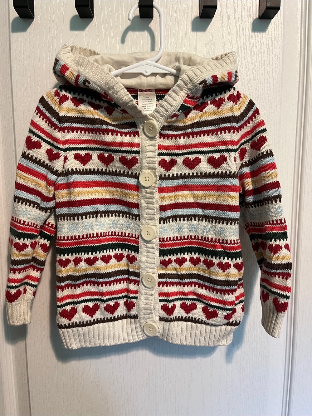 Gymboree Cream Hooded Cardigan with Red Heart Stripes